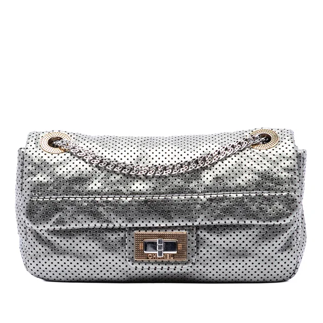 Silver Chanel Medium Reissue Perforated Calfskin Drill Flap Shoulder Bag in Silver Calfskin from Designer Revival