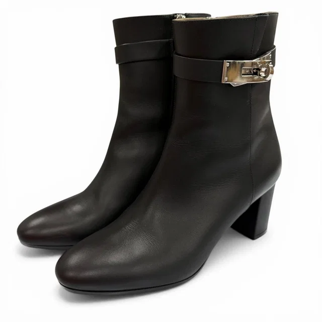 Hermès Saint Germain Silver Kelly Buckle Side Zip Leather Short Boots Black in Black Leather from The Reluxe