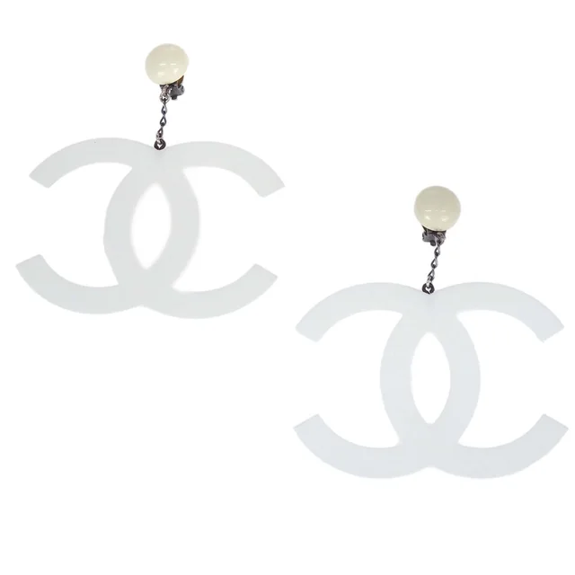 Chanel Dangle CC Clip-On Earrings White Acrylic 96P in White Resin from AMORE Vintage Tokyo