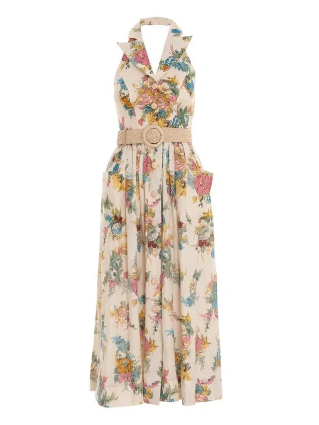 Zimmermann Clover Halter Maxi Dress With Woven Belt - Cream Floral in pink Woven leather from Poshmark