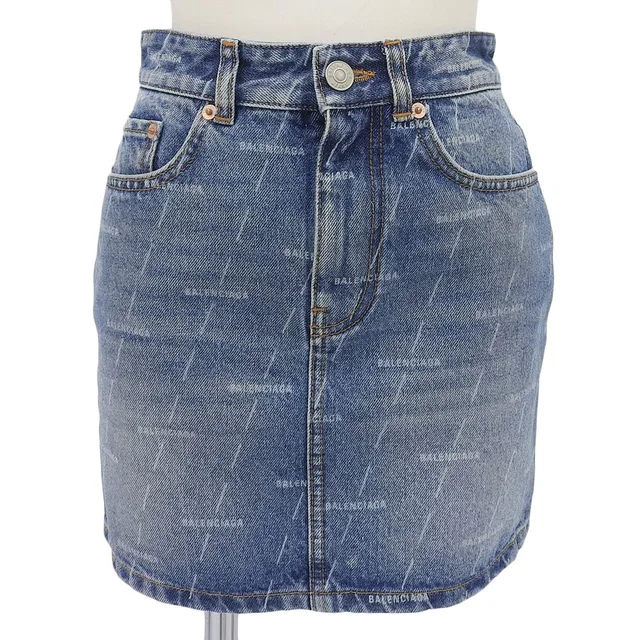 Balenciaga 100% Cotton Logo Buttoned All Over Pattern Denim Skirt Indigo 34 in Denim from The Reluxe