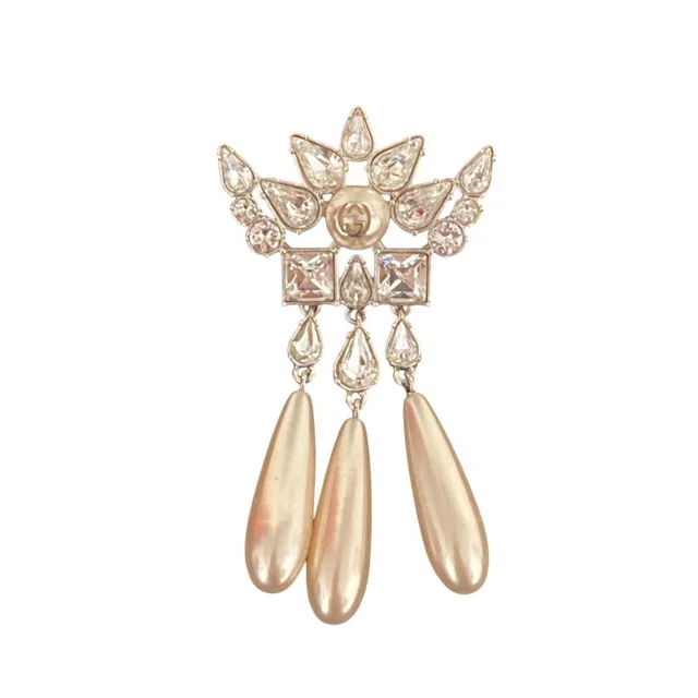 Gucci Interlocking G Rhinestone Faux Pearl Pin Badge Brooch Silver Colored in Silver from The Reluxe