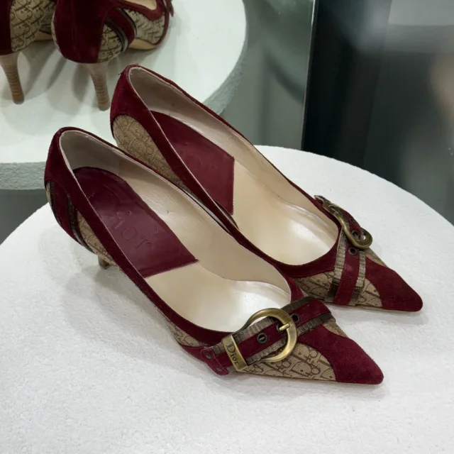 Dior Vintage Monogram Burgundy Suede Heels Sz 36 in Burgundy Suede from Revivre