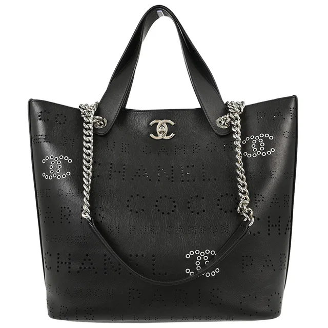 Chanel 2019 Black Perforated Calfskin Logo Eyelets Tote 2way Shoulder Handbag in Black Calfskin from AMORE Vintage Tokyo