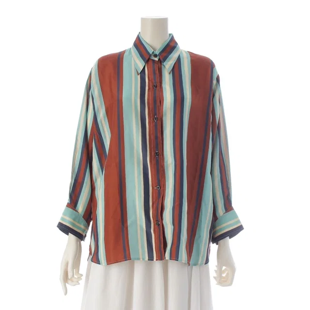 Prada Triangle Motif Stripe Long Sleeve Shirt Top Brown Light Blue 36 in Brown Silk from The Reluxe