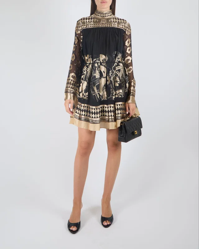 Zimmermann Fall 2024 Black Illustration Otto Mock-Neck Tunic Mini Dress with Gold Vintage- Inspired Print… in Black Silk from Sellier