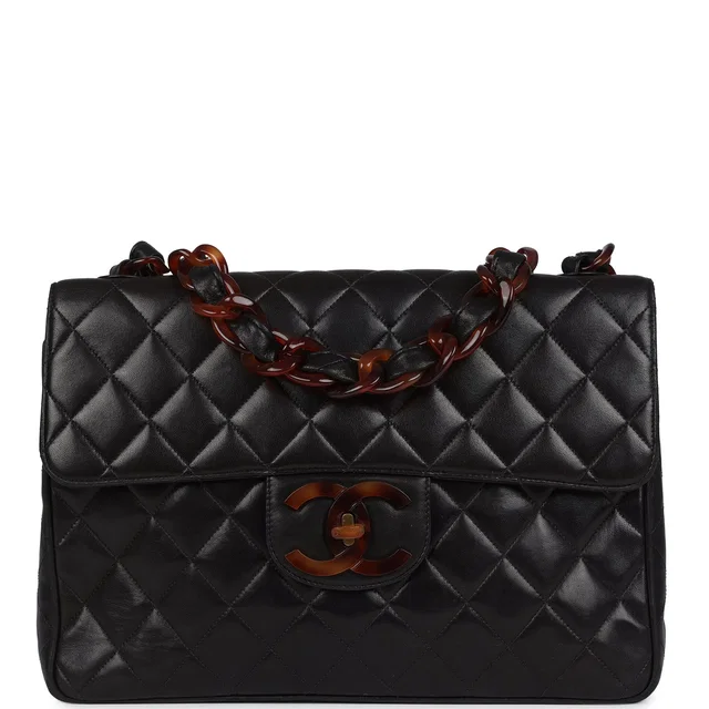 Chanel Vintage Jumbo Classic Single Flap Bag Black Lambskin Tortoiseshell Bakelite Hardware in Black Lambskin from Madison Avenue Couture