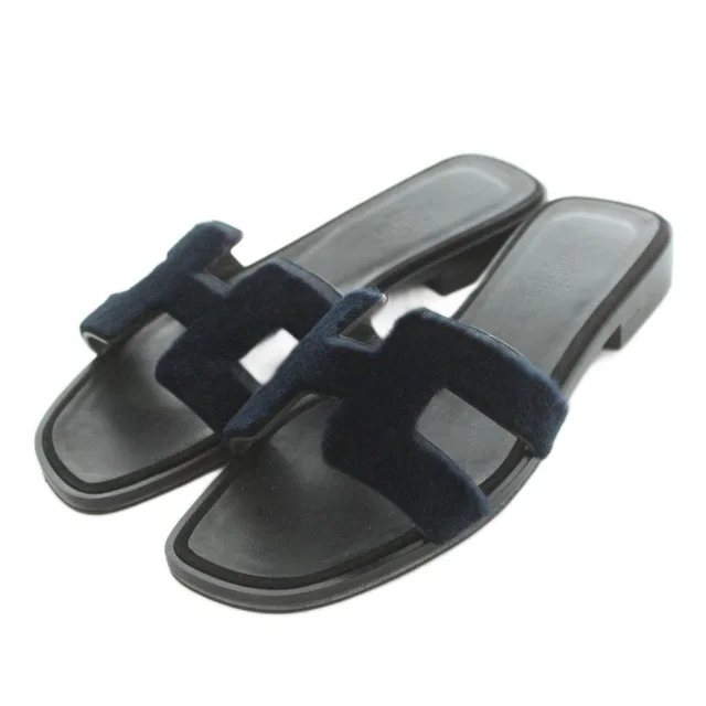 Hermès Oran Sandals Leather Velvet Black 37 in Black Velvet from The Reluxe