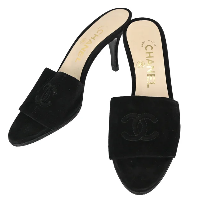 Chanel CC Black Suede Mules Shoes #36 in Black Suede from AMORE Vintage Tokyo