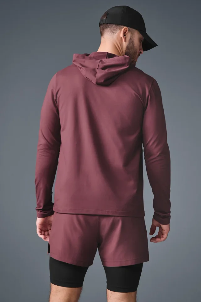 Alo Yoga Conquer Reform Long Sleeve With Hood - Burgundy Truffle in Burgundy Truffle, photo 2 of 4 from Alo Yoga