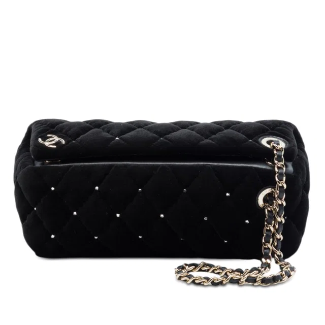 Black Chanel CC Quilted Velvet Crystal Wristlet Clutch in Black Velvet from Designer Revival