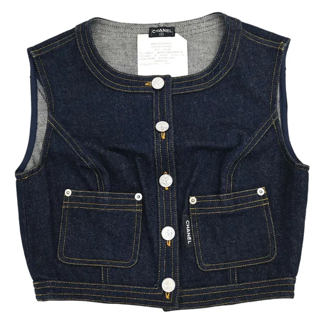 Chanel 1996 Sleeveless Vest Denim Jacket Navy #38 in Navy Denim from AMORE Vintage Tokyo