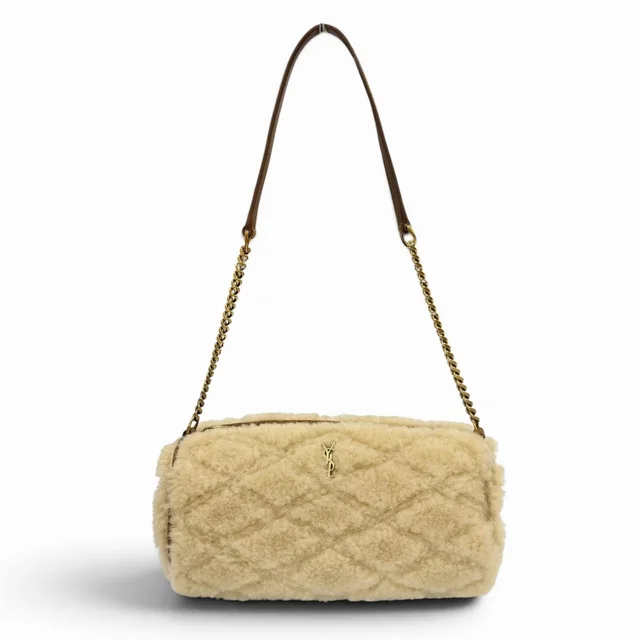 Shearling Leather YSL Chain Shoulder Tube Bag Beige in Beige Leather from The Reluxe