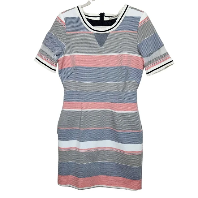 SIMKHAI Vibrant Horizontal Striped Pockets Midi Dress Womens Size 6 in blue|red Silk from Poshmark