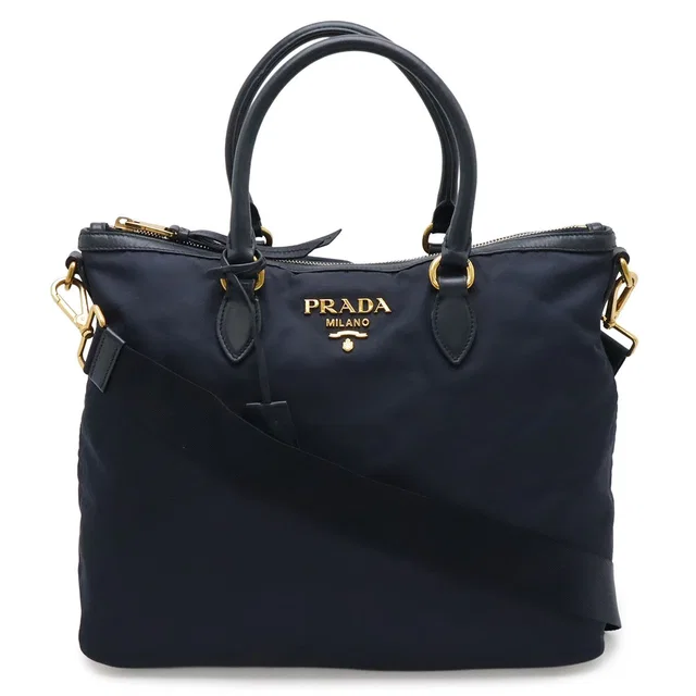 Prada Tote Shoulder Bag 2-Way Nylon Leather Navy Gold in Navy Nylon from The Reluxe