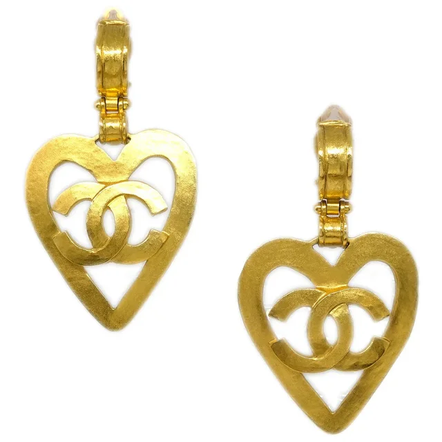 Chanel Dangle Heart Earrings Gold Clip-On 95P in Gold from AMORE Vintage Tokyo