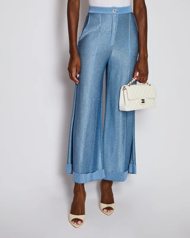 Chanel Light Blue Shimmery Wide-Leg Trousers with Silver Crystal Embellished Logo Buttons Size FR 36… in Blue from Sellier, photo 2 of 2