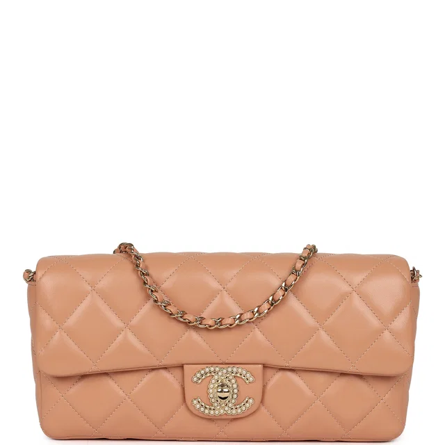 Chanel East West CC Pearl Clutch in Beige Lambskin from Madison Avenue Couture