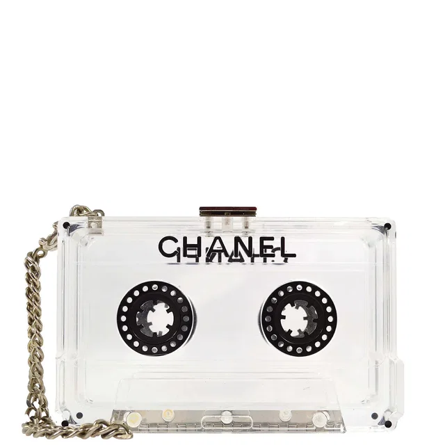Chanel 2004 Clear Lucite Cassette Tape Minaudière Clutch Silver Hardware in Clear Resin from AMORE Vintage Tokyo