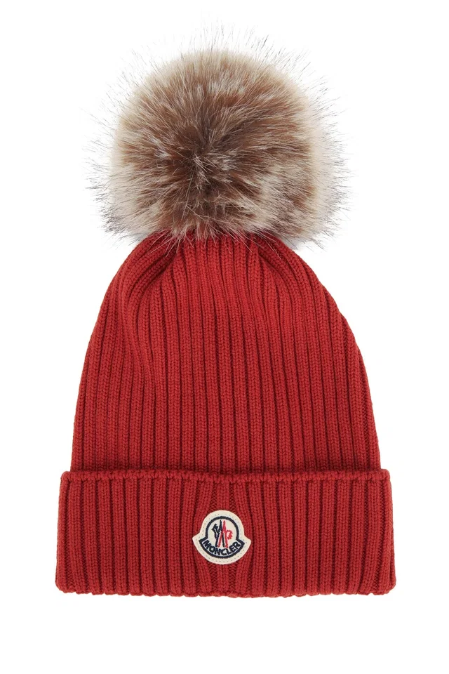 Moncler Hat Ribbed Wool With Fur Pom Beanie — Red Beanies in Red Wool from HEWI