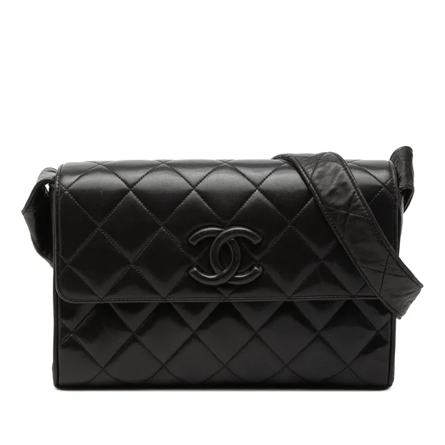 Black Chanel CC Quilted Lambskin Flap Crossbody in Black Lambskin from Designer Revival