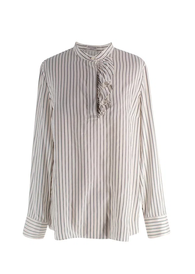 Brunello Cucinelli Black and White Stripe Silk Blouse in Black Silk from HEWI