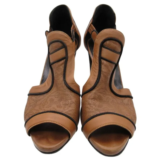 Hermès Sandals Punched Leather Open Toe Heels Booties Brown Boots in Brown Leather from The Reluxe