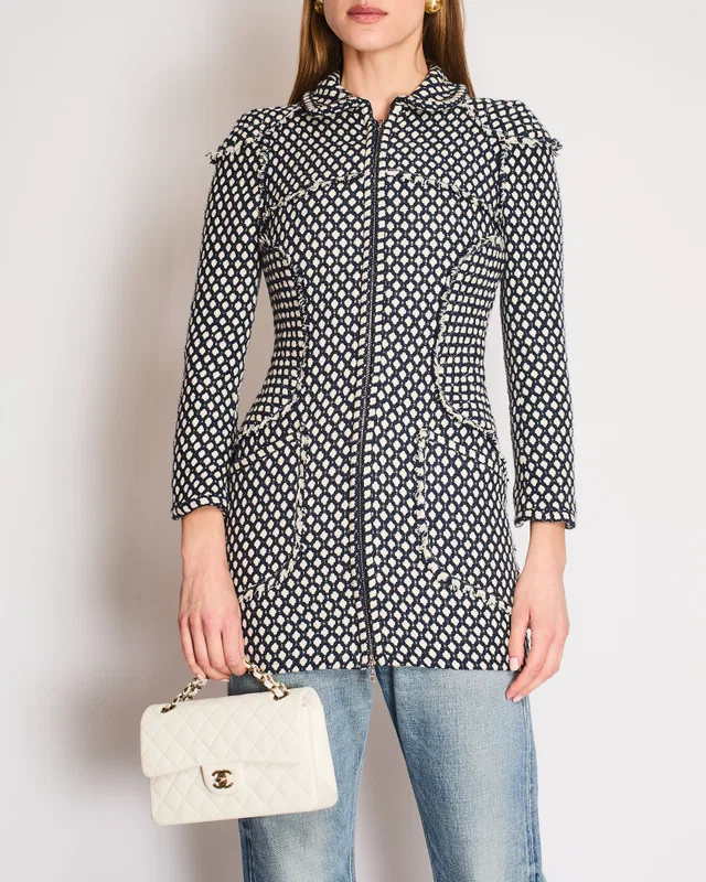 Chanel Navy, White Tweed Fringe Coat with Fringed Trims and a Silver Zip Size FR 38 (UK 10) in White Tweed from Sellier