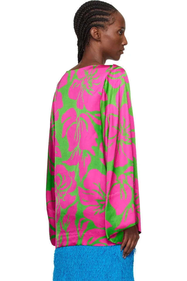 Dries Van Noten Pink & Green Satin Floral Print Blouse, photo 3 of 4 from SSENSE