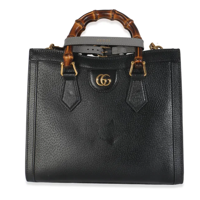 Gucci Black Dusty Grey Textured Dollar Calfskin Web Small Diana Tote Leather Handbag in Black Calfskin from HEWI
