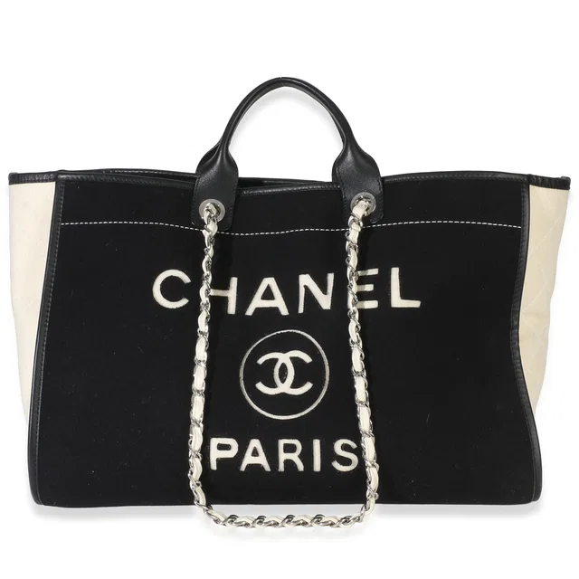 Chanel Black White Wool Calfskin Felt Large Deauville Tote in Black Calfskin from myGemma