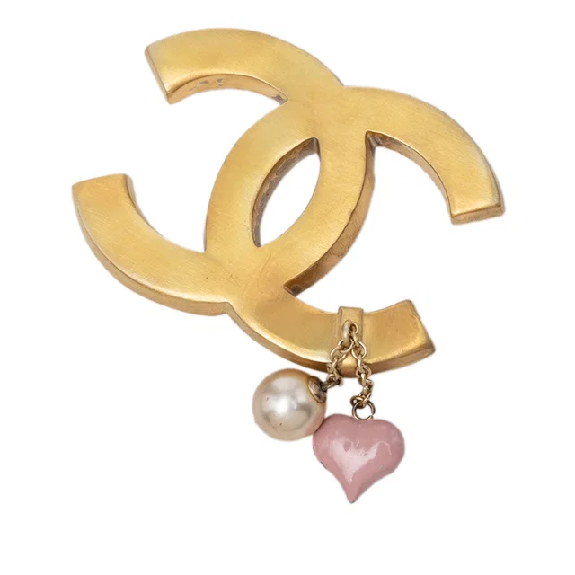 Gold Chanel CC Gold Plated Enamel and Faux Pearl Brooch in Gold from Designer Revival