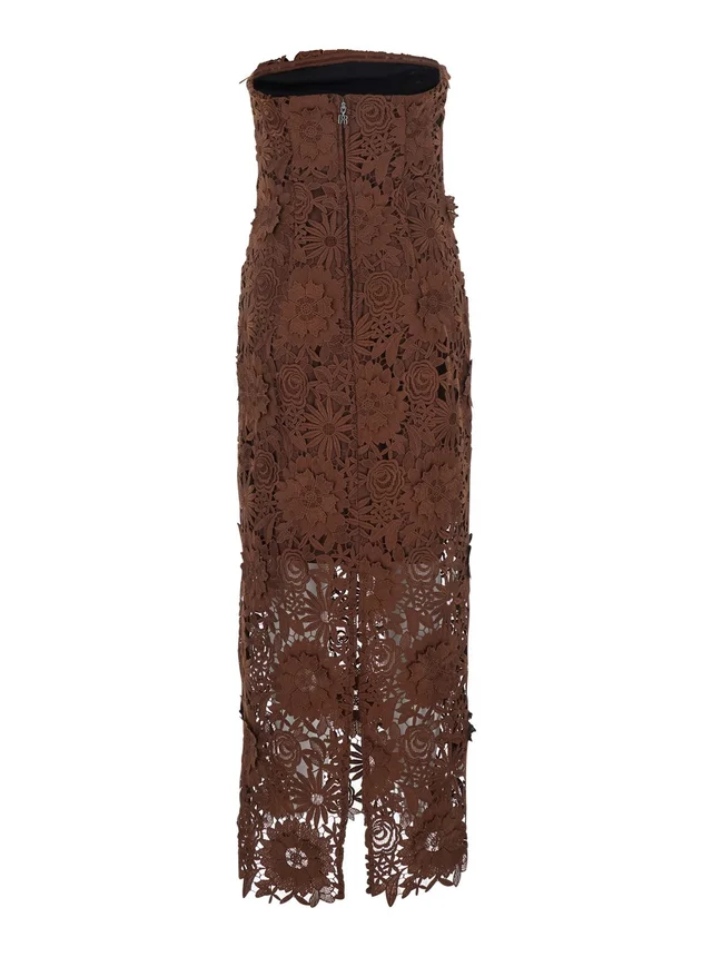 ROTATE Brown Midi Dress with All-Over Floral Embroidery and Off Shoulder Design in Tech Fabric for Women in Brown 100% Polyester, photo 4 of 6 from Gaudenzi Boutique