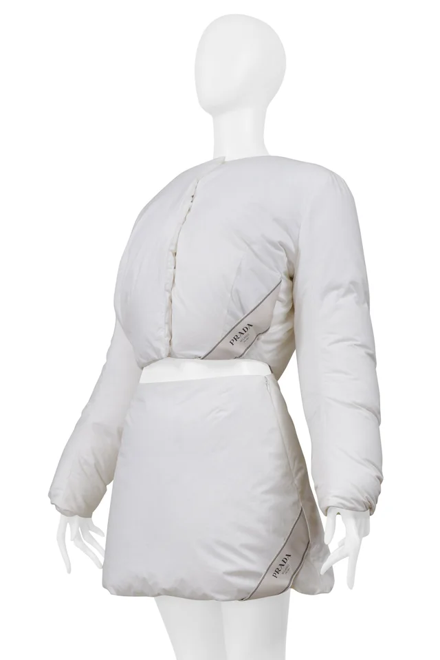 Prada By Raf Simons White Cotton Padded Duvet Jacket And Mini Skirt 2023 in White from Resurrection Vintage, photo 2 of 2