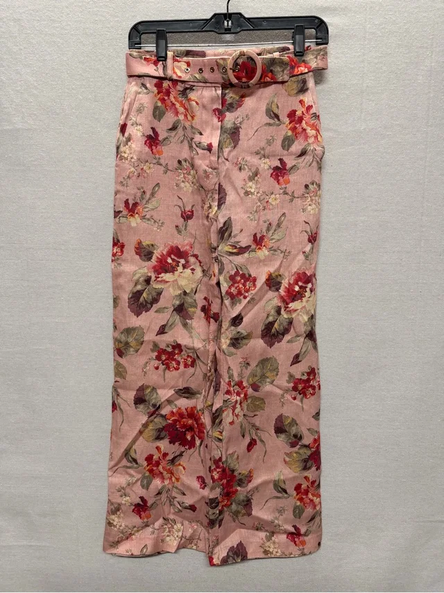 Zimmermann Floral Wide Leg Linen Pants With Belt - Size 4 in red|pink from Poshmark