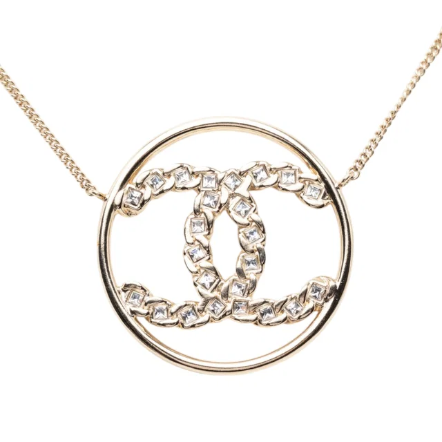 Gold Chanel CC Gold Plated Strass Round Pendant Necklace in Gold from Designer Revival