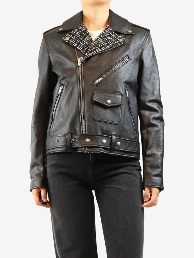 Saint Laurent Black leather and tweed biker jacket - size UK 12 in Black Tweed from Sign of the Times