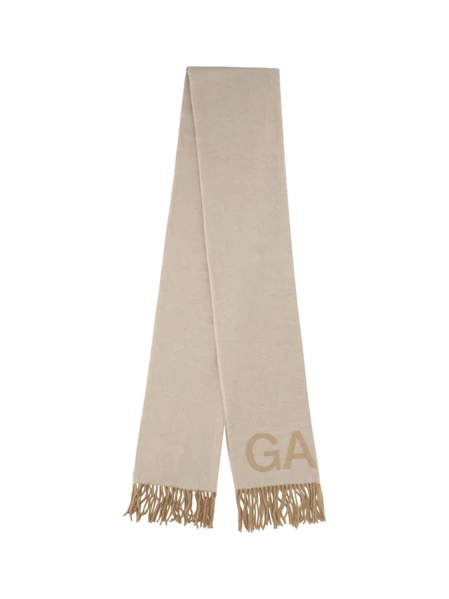 GANNI Wool Blend With Embroidered Logo Scarf — Beige Scarfs in Beige Wool from HEWI