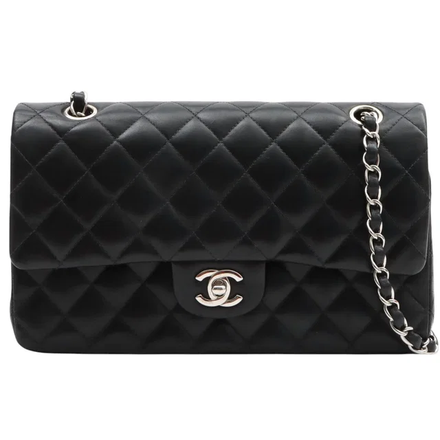 Chanel Classic Flap Chain Bag, 25cm, Black, circa 2004 in Black Lambskin from VINTAGE QOO TOKYO