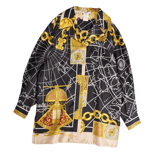 Celine Vintage Shirt Blouse Long Sleeve All Over Print Top Silk Multicolor 38 in Multicolor Silk from The Reluxe
