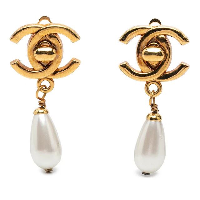 Gold Chanel CC Gold Plated Faux Pearl Drop Turn Lock Clip On Earrings in Gold from Designer Revival, photo 1 of 1