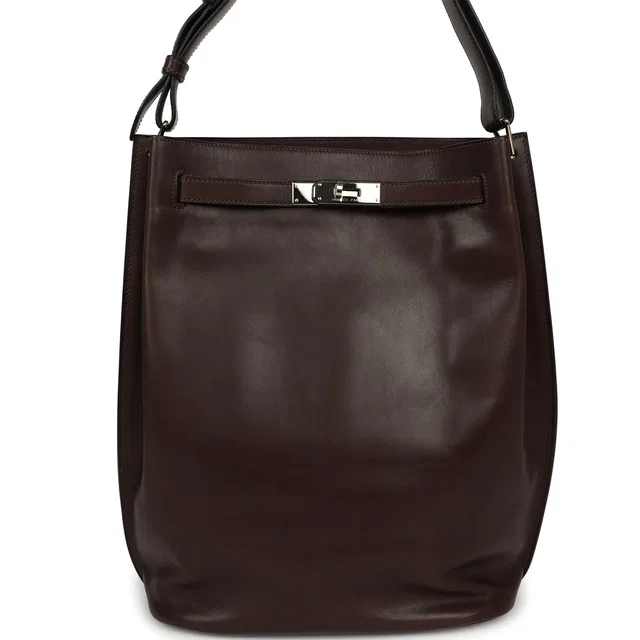 Hermès So Kelly 26 Havane Evercalf Palladium Hardware in Goatskin from Madison Avenue Couture