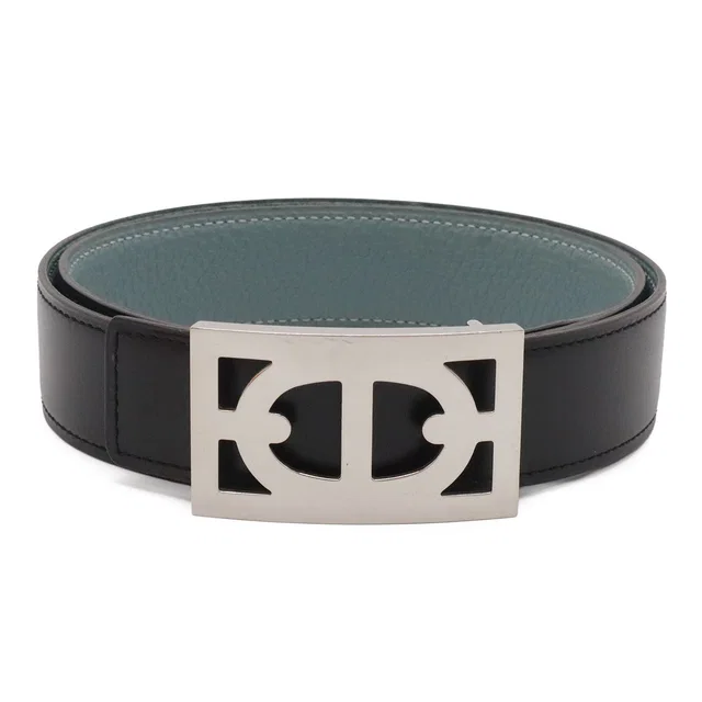 Hermès Chaine D'Ancre Reversible Belt Leather Black Blue Gray Silver 80 in Black Leather from The Reluxe