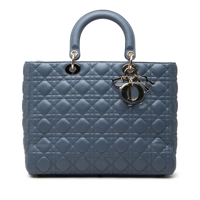 Blue Dior Large Lambskin Cannage Lady Dior Satchel in Blue Lambskin from Designer Revival