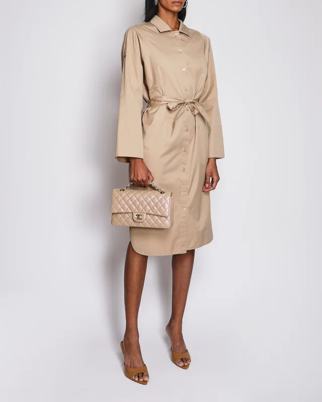 Hermès Beige Midi Cotton Shirt Dress with Tie Belt and White Logo Detail Size FR 42 (UK 14) in White from Sellier