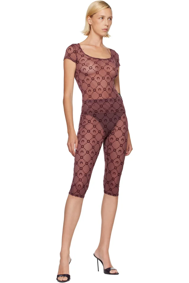 Marine Serre Burgundy Moonogram Mesh Flock Capri Leggings, photo 4 of 4 from SSENSE
