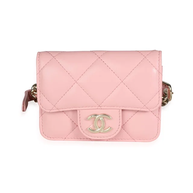 Chanel Pink Quilted Lambskin Elegant Chain Mini Belt Bag Leather Handbag in Pink Lambskin from HEWI