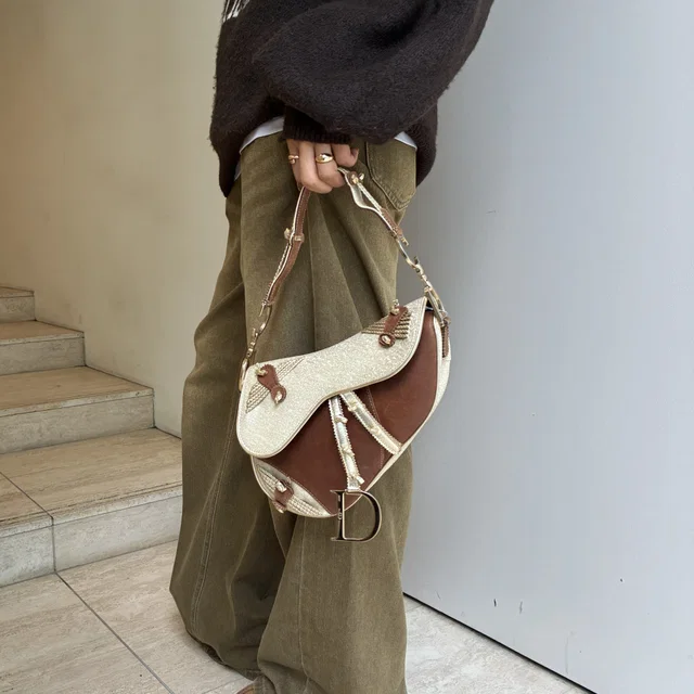 Dior Gold Brown Saddle Handbag in Brown Canvas from AMORE Vintage Tokyo