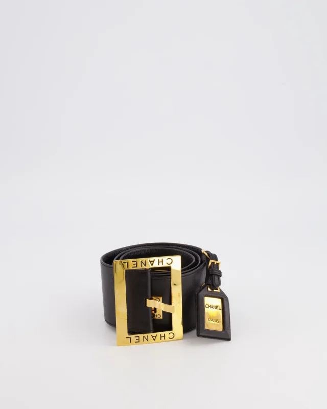 Chanel Vintage F/W 1992 Black Leather Belt with 24K Gold Logo Buckle and Accents 90cm in Black Leather from Sellier, photo 2 of 6