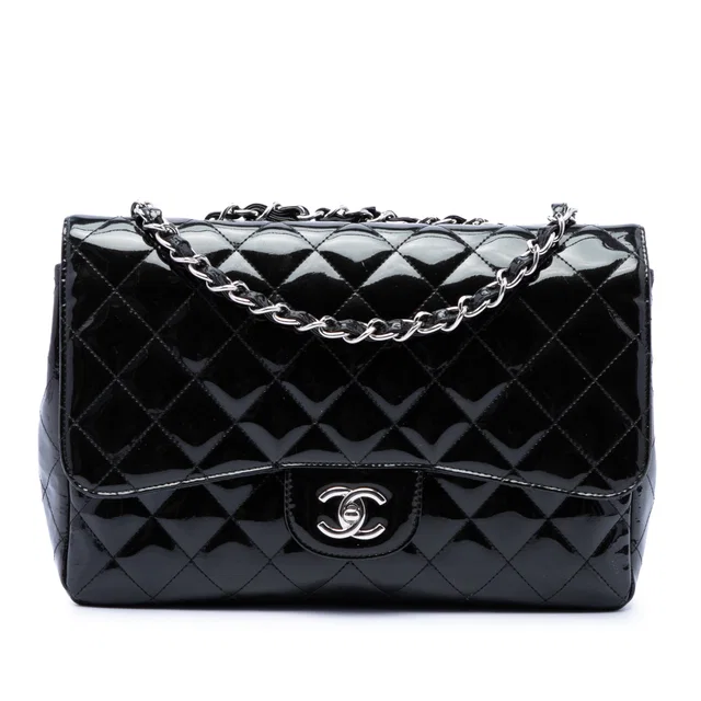 Black Chanel Jumbo Classic Patent Single Flap Shoulder Bag in Black Patent leather from Designer Revival